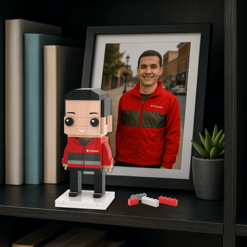 Custom brick figure of a man in casual clothes, personalised mini figure made from a photo
