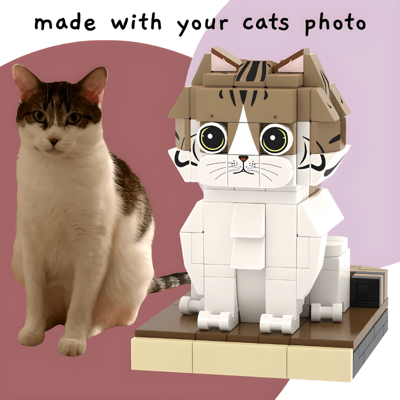Real cat next to a LEGO cat model with text 'made with your cats photo'.