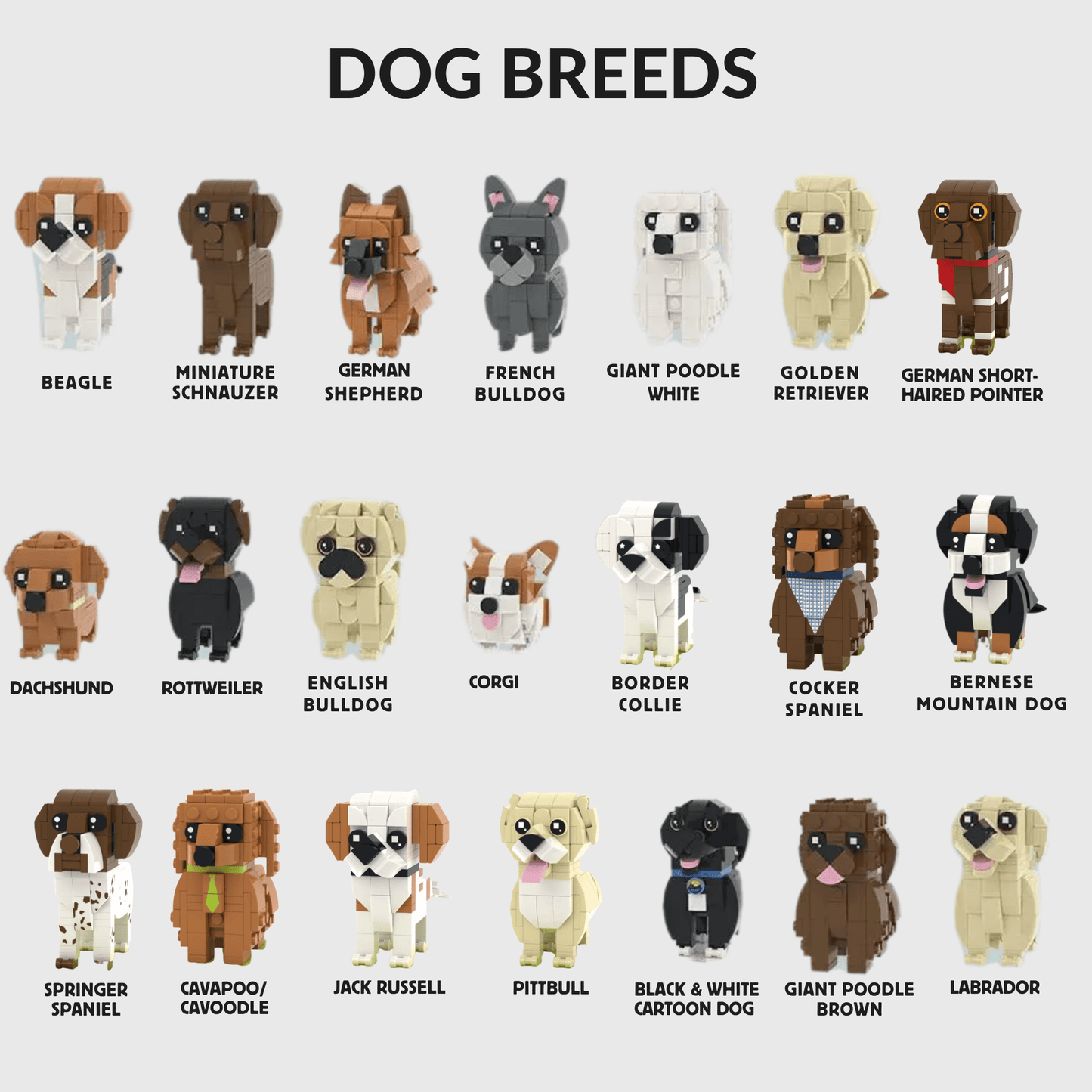 Collection of dog custom lego figurines on a white background with labels underneath each.