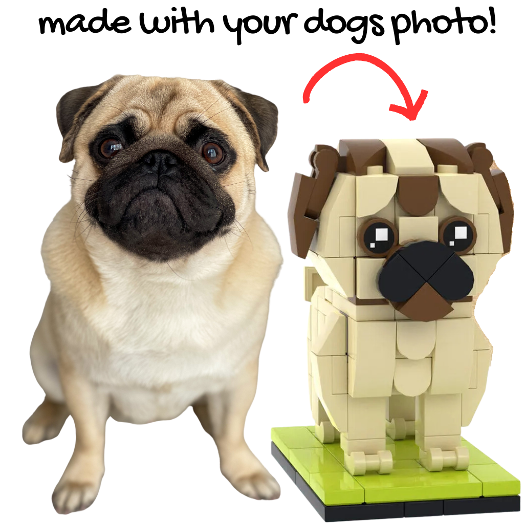 Real pug dog next to a brick-lego pug figure