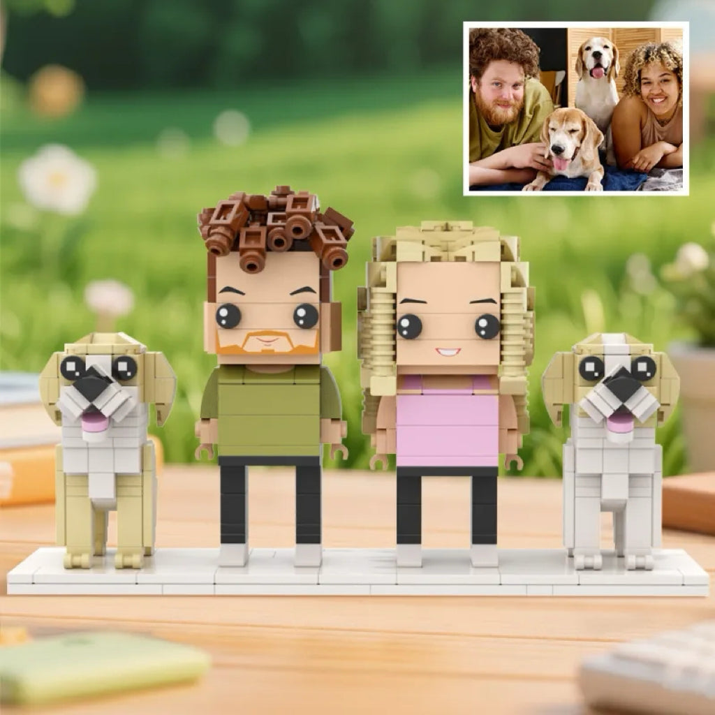 Brick-built figures of a family with two dogs on a wooden surface, with a blurred outdoor background.