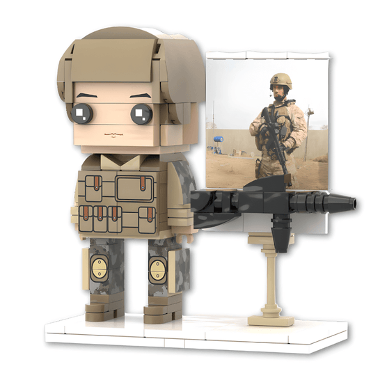 Custom mini figure of a soldier with a weapon on a white background