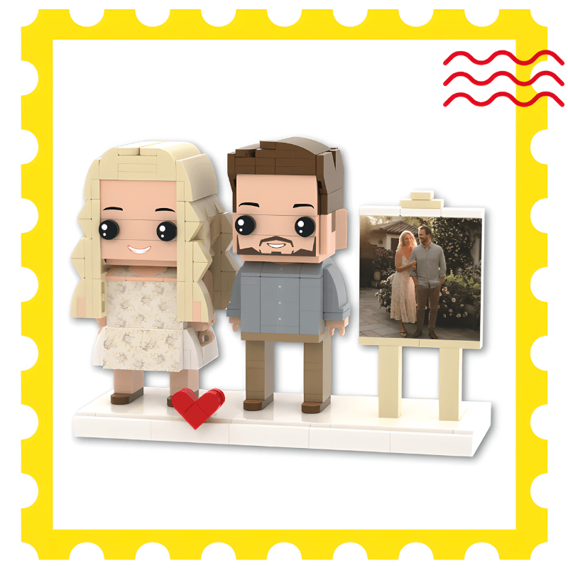 Custom couples Legos figures of a couple with a heart and a photo frame on a stand