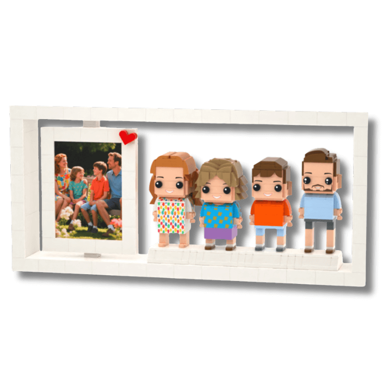 White photo lego frame with custom mini figurines of a family and a heart-shaped picture on a white background