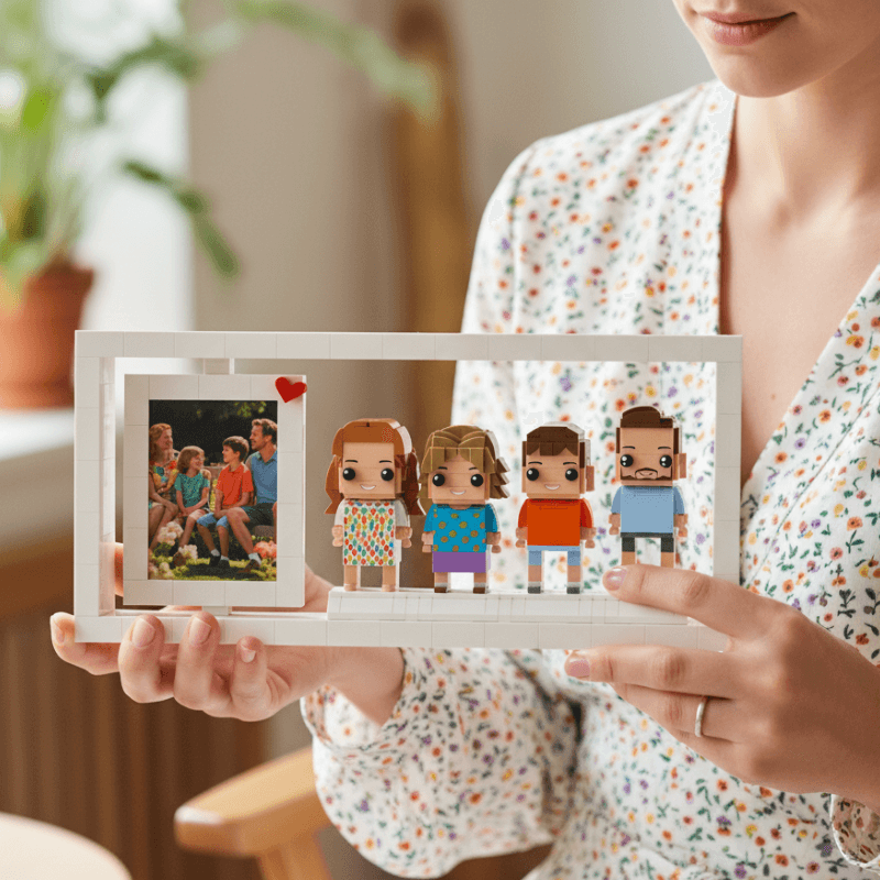 Person holding a photo lego frame with custom mini figures and a family photo inside