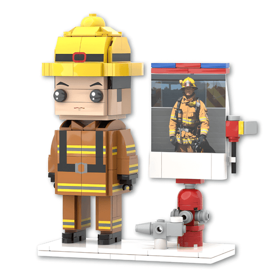 Firefighter custom mini figure made of interlocking bricks with a detachable helmet and fire hydrant on a white background.