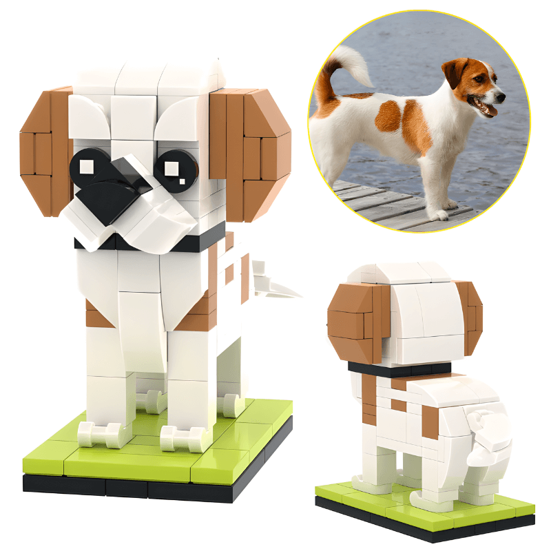 Custom Jack Russell mini brick figure before and after – personalized dog gift from photo