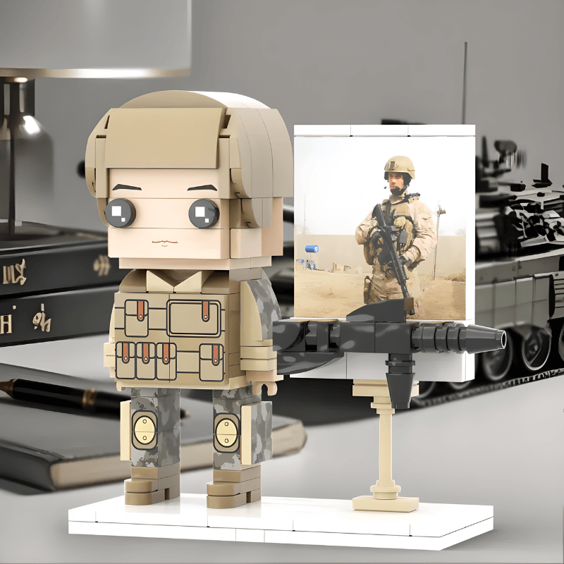 Custom mini figure of a soldier in military uniform on a stand with a blurred background