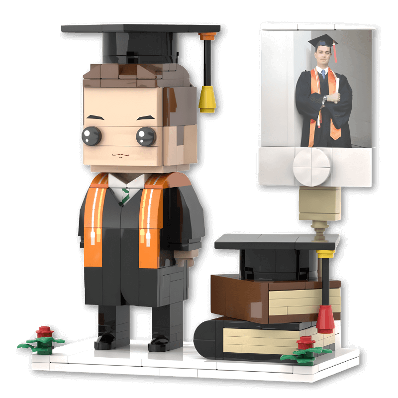 Custom graduation mini figure on a display with books, cap, and photo, personalised grad gift