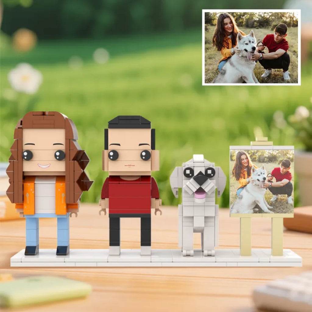 Personalized Gift for Dog Owner – Custom Couple and Dog Brick Figures with Easel - Brick-You