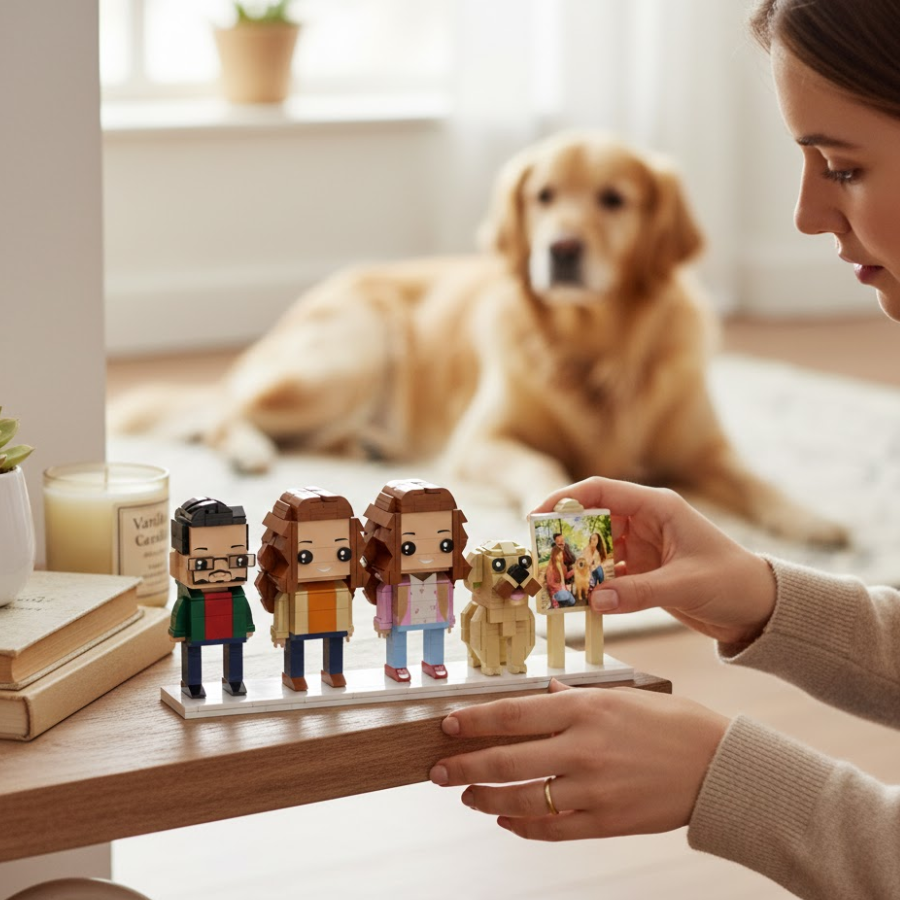 Person arranging custom brick figures with a dog in the background