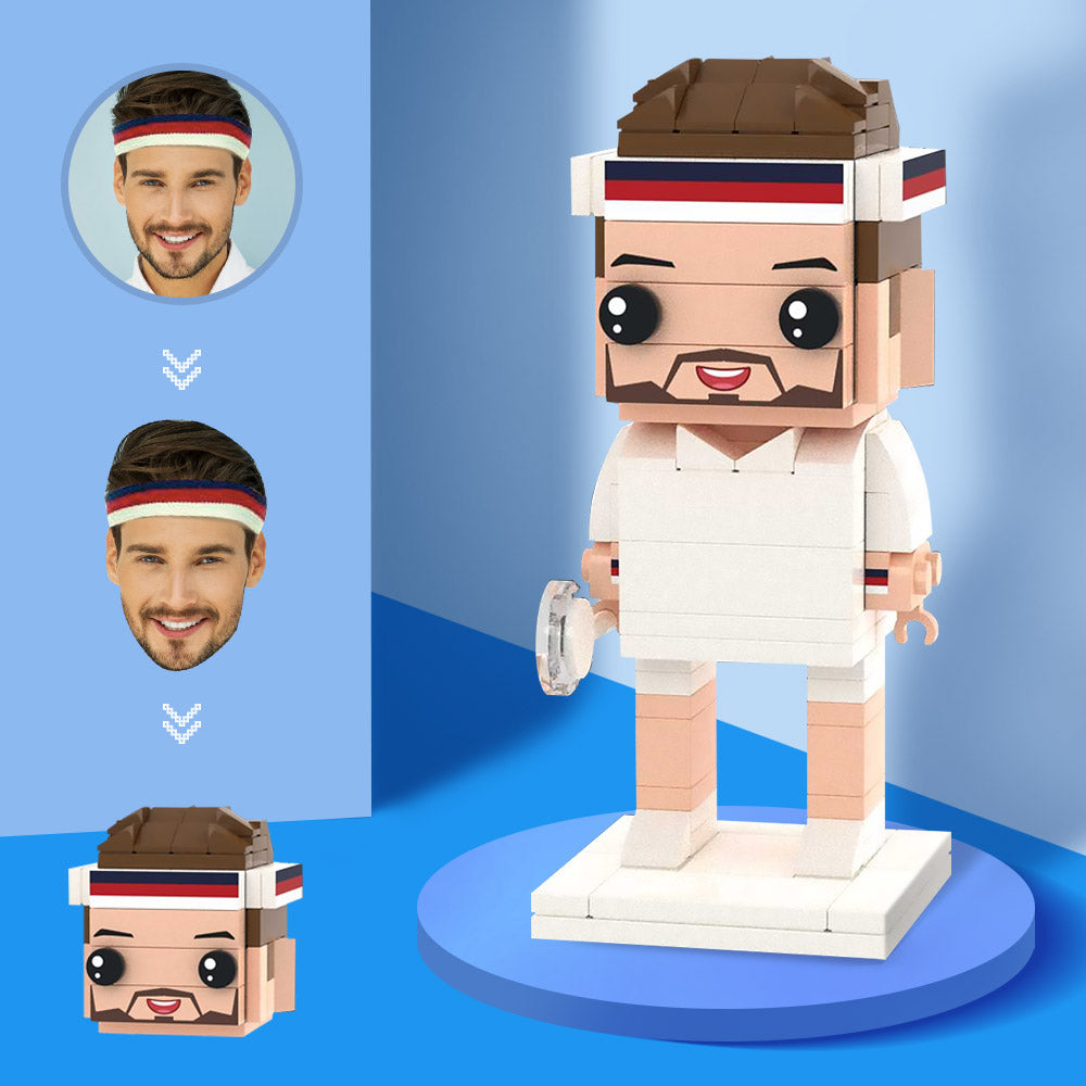 Lego style mini figure of a tennis player made from bricks 