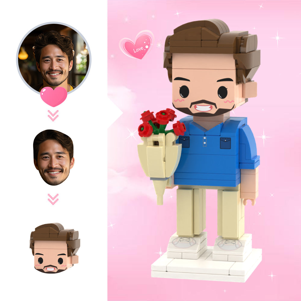 Custom brick figure of a man holding flowers with customizable face on a pink background