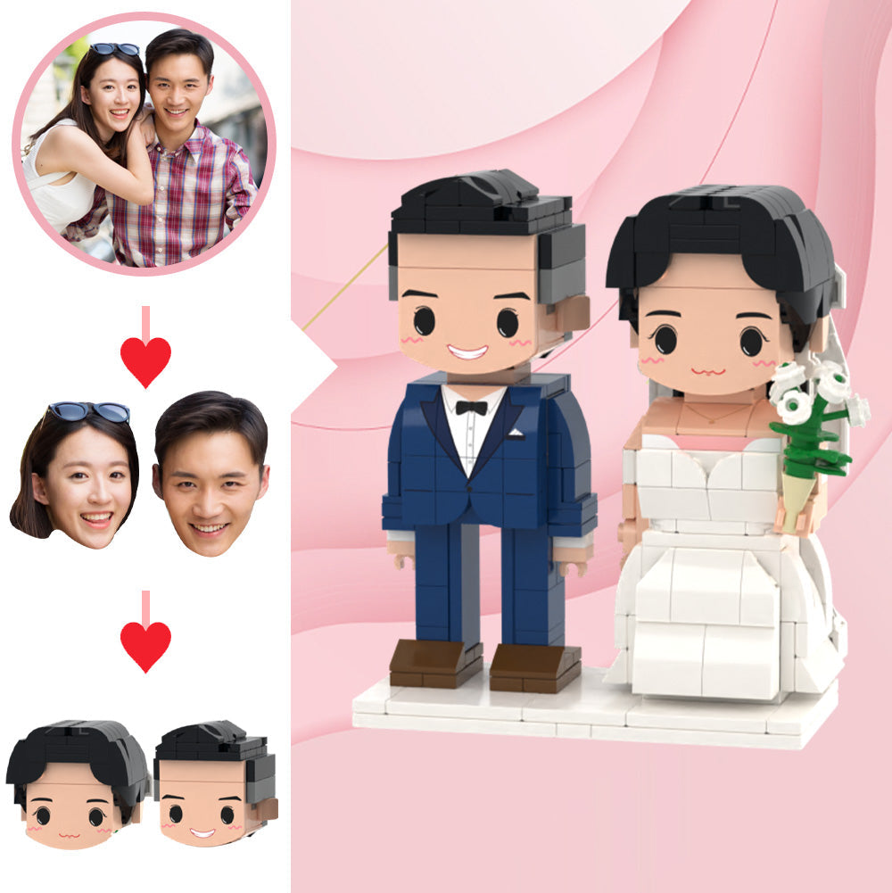 Custom brick figures of a bride and groom made from interlocking bricks on a pink background.
