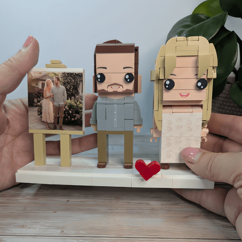 create custom legos set of two people with a heart, featuring a photo insert.