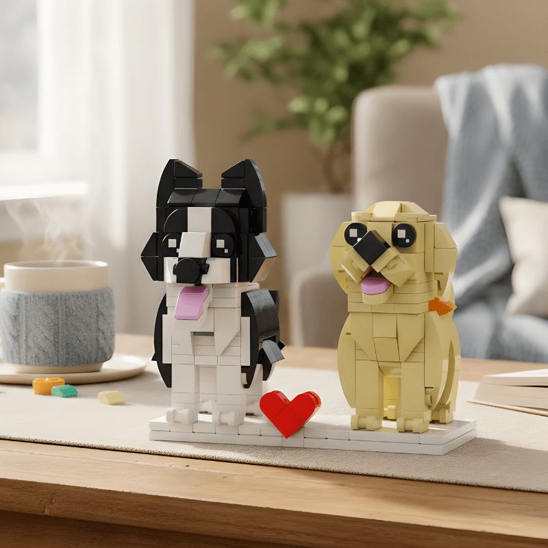 Two dog-shaped building block figures on a table with a heart in front