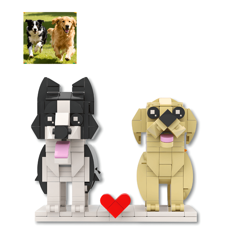 Two dog-shaped building block models with a heart and a photo of two dogs in the corner.