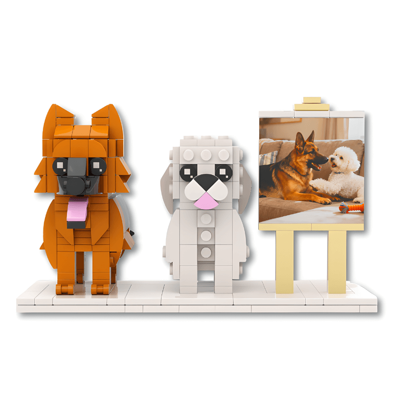 Two LEGO dog models on a white baseplate with a photo of two dogs in the background.