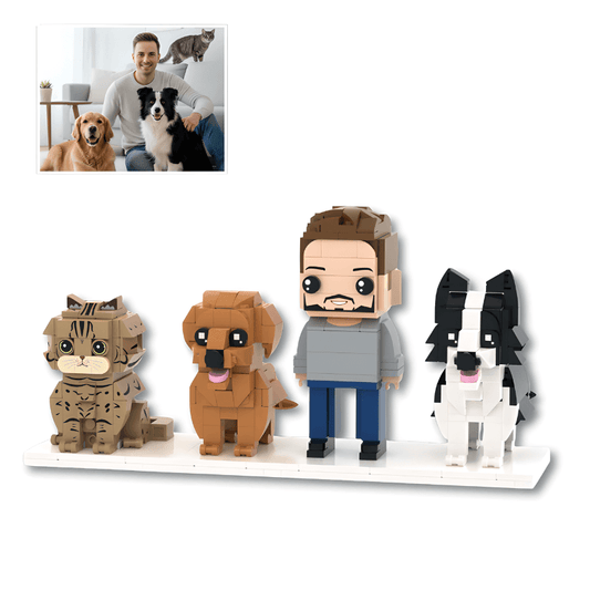 Set of small figurines of a man, cat, and dogs on a white surface with a photo of a man and his pets in the corner.