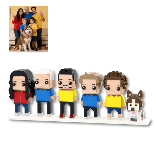 Set of small lego figurines resembling a family with a dog, displayed on a white surface.