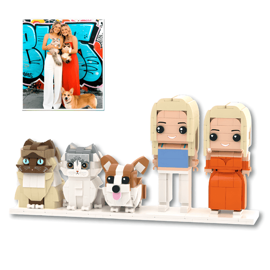 Set of building custom block figures of a woman, cat, dog, and two other figures on a white background.