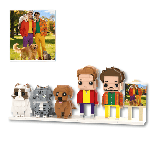 Set of toy lego figures resembling people and animals with a scenic background