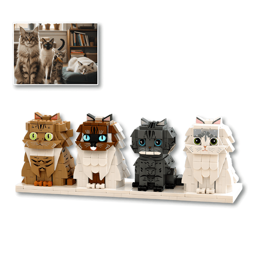 Four cat-shaped building block figures on a white surface with a small inset photo of real cats.