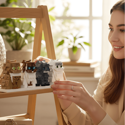 Woman holding a small figurine of a cat in a home setting with plants and a wooden stand.