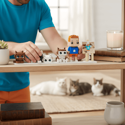 Person playing with small custom brick figurines set on a table with cats in the background