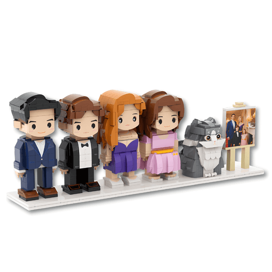 Custom Mini Figures of 4 People and 1 Cat with Photo Easel
