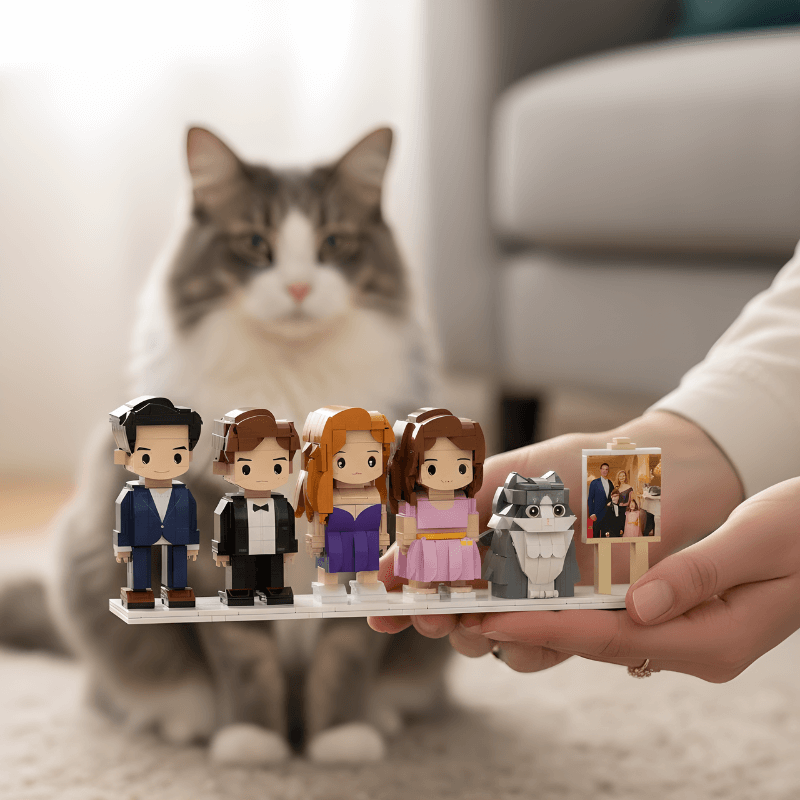 Custom Mini Figures of 4 People and 1 Cat with Photo Easel