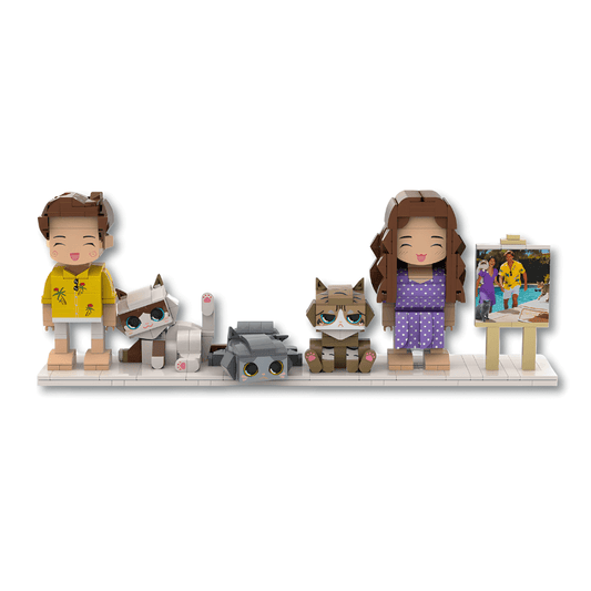 Set of small custom lego pet figurines on a white background