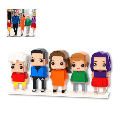 Five colorful personalised family figurines of a family on a white background with a smaller inset image of a family walking.