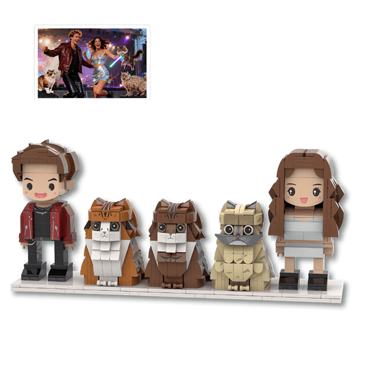 Set of custom brick figures resembling a family with pets on a white background