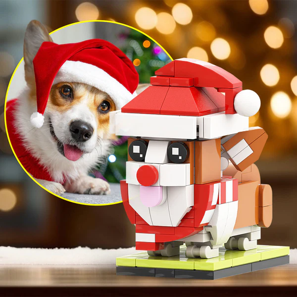 Custom Corgi dog brick figure with a dog wearing a Santa hat in a circular inset, set against a blurred festive background.