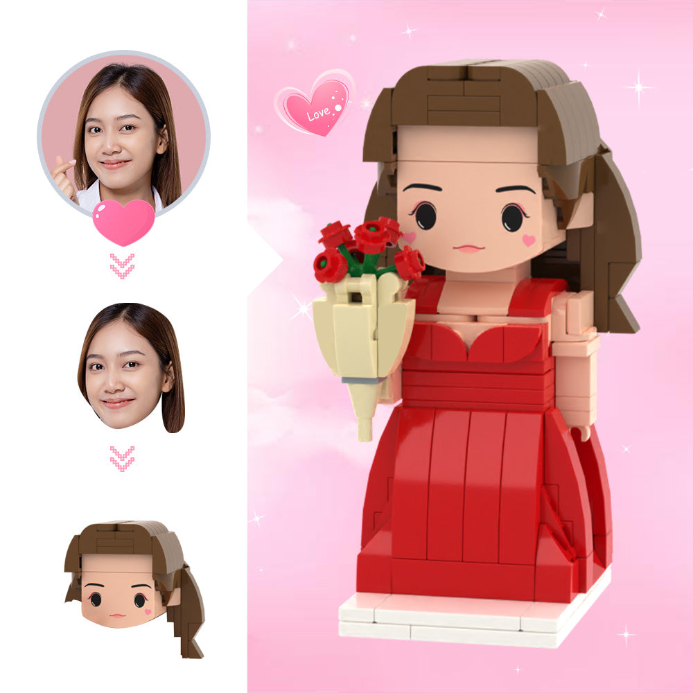 Lego style mini figure of a woman holding flowers with customizable face options on a pink background