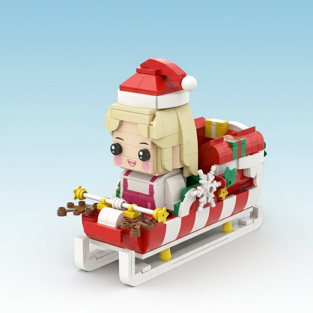 Custom brick figure of a girl with a Santa hat and sleigh, made from interlocking bricks.