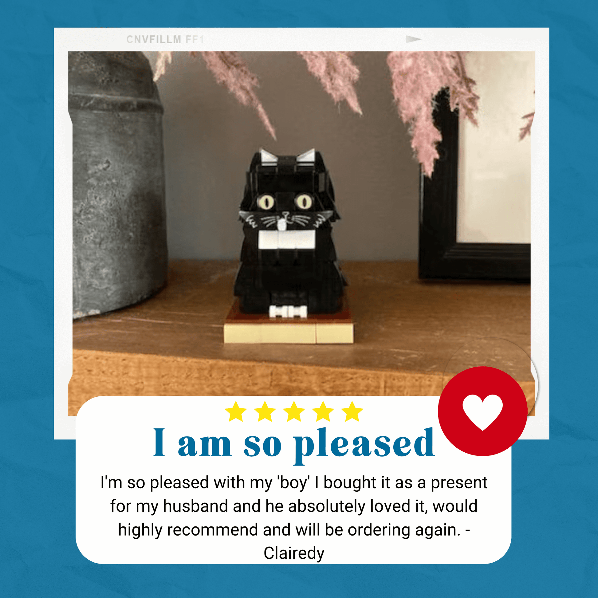 Black cat-shaped toy on a wooden surface with a five-star review for Brick-You and positive review text.