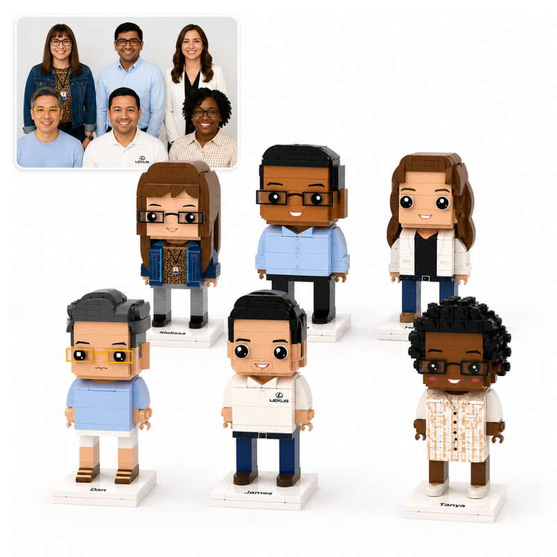 Set of custom brick figures figures resembling people with a white background for bulk orders
