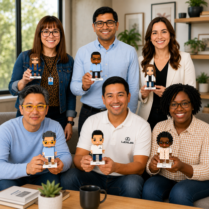 Group of people holding personalized brick figures in a casual office setting for corporate orders