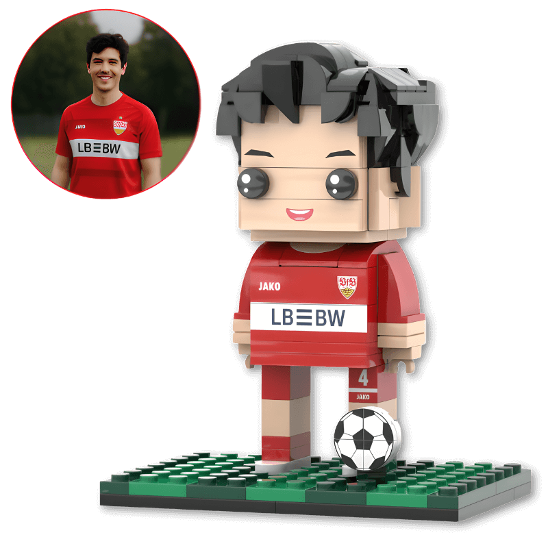Brick-built figure of a soccer player in a red jersey with 'LBBW' on a black background
