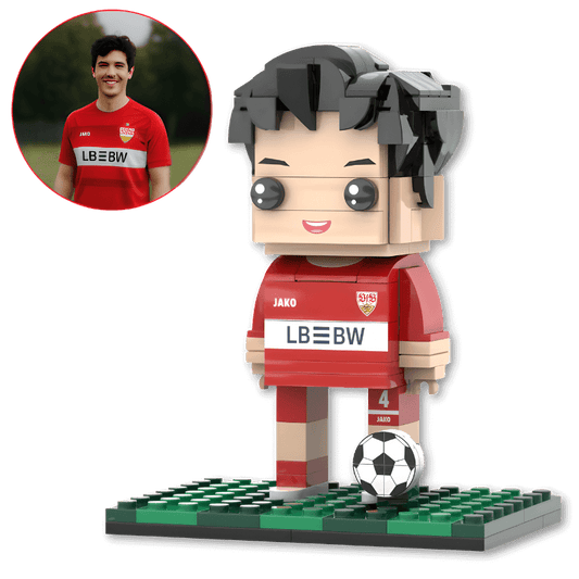 Brick-built figure of a soccer player in a red jersey with 'LBBW' on a black background