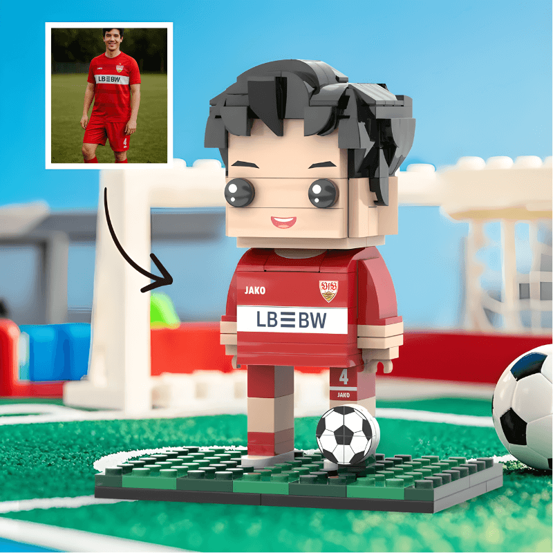 Brick-built soccer player mini figure with a real-life soccer player in a red jersey in the corner.