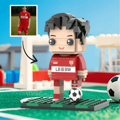 Brick-built soccer player mini figure with a real-life soccer player in a red jersey in the corner.