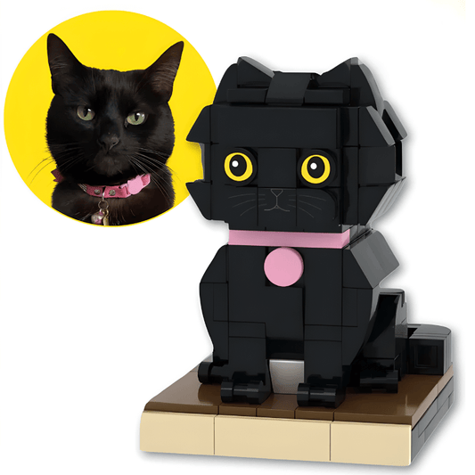 Black cat LEGO mini figure with a pink collar next to a circular inset of a real black cat on a white background