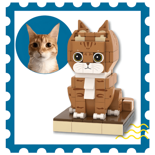LEGO cat custom brick figure with a real cat photo inset, surrounded by decorative border