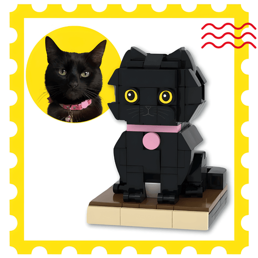 Black cat LEGO cat figure with pink collar on a yellow background