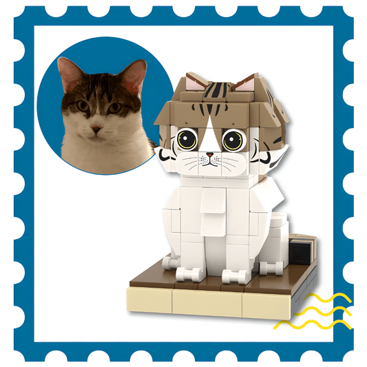 LEGO cat personalized mini figure with a cardboard box on its head, resembling a real cat, on a blue border.