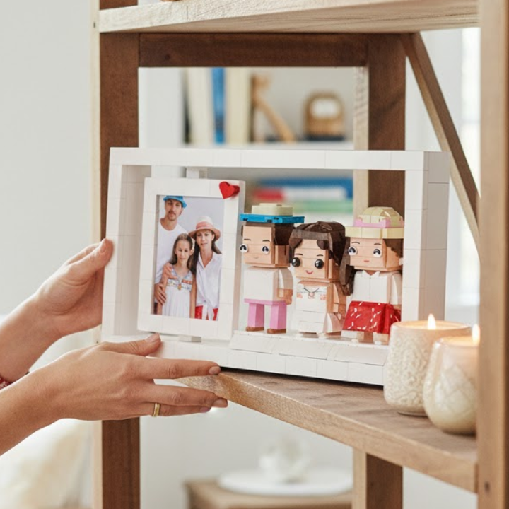 Person holding a white brick frame with custom mini figurines and a family photo inside, on a wooden shelf.