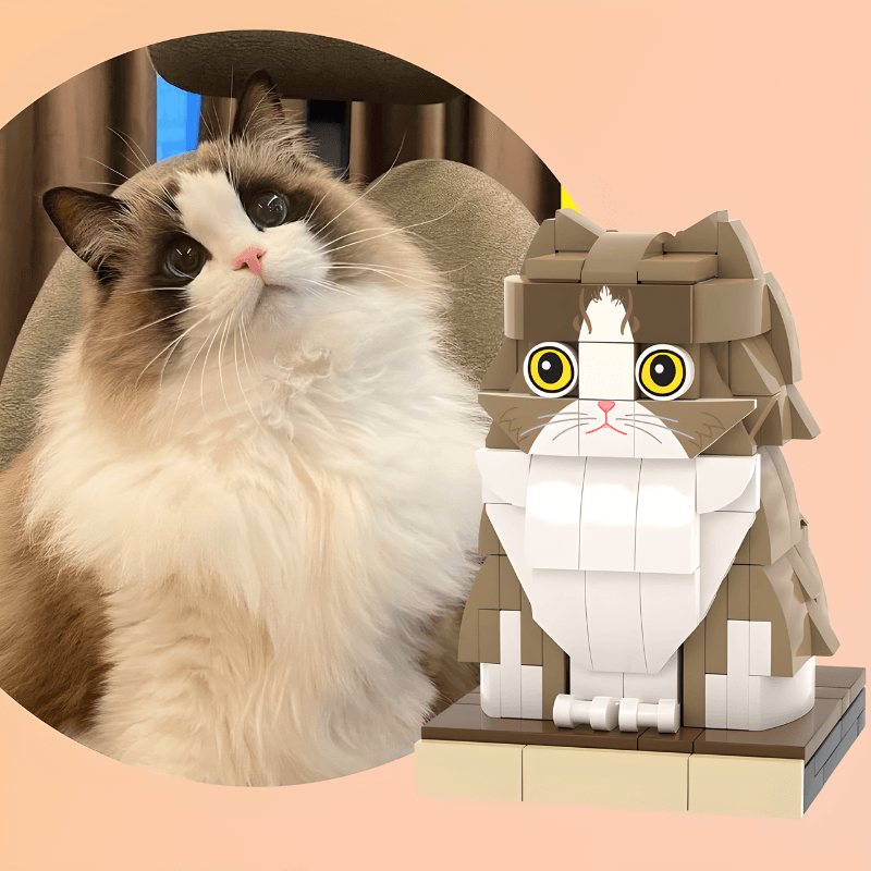 Before and after of a long-haired cat custom brick figure